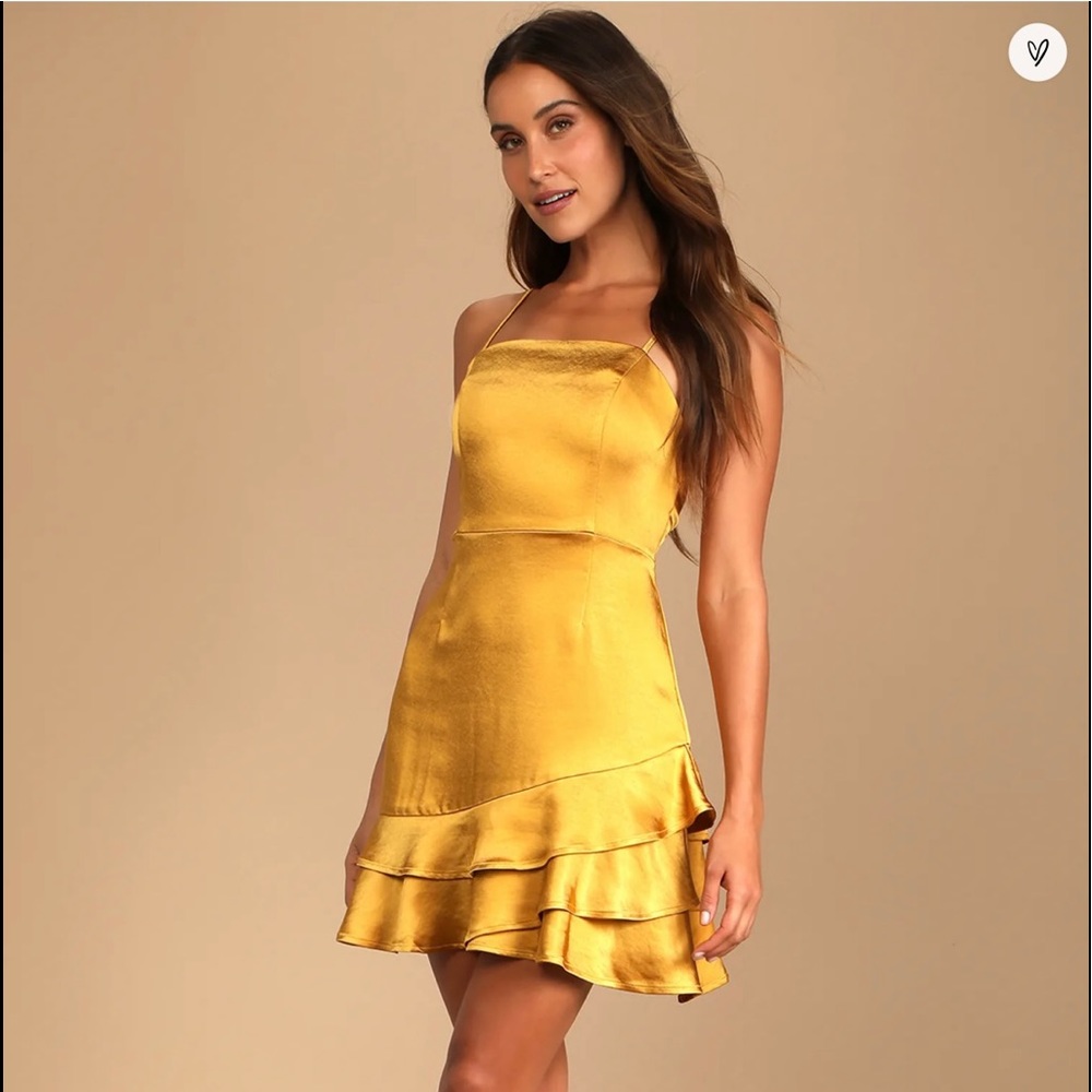 NWT Lulu’s Satin Ruffle Mini Dress - Mustard Yellow - NEW WITH TAGS
